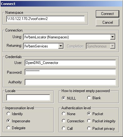 Test WMI Connectivity - WMI Connect dialog