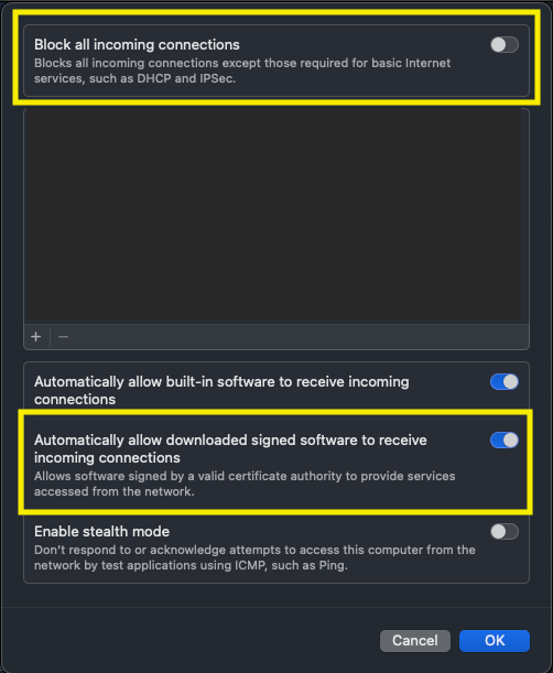 Resolve MacOS Secure Client/Umbrella Protection Issues - Settings to unblock all incoming connections