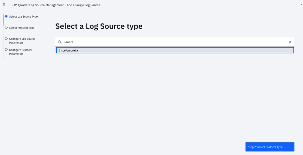 Configure the Cloud Security App for IBM QRadar - select a log source type