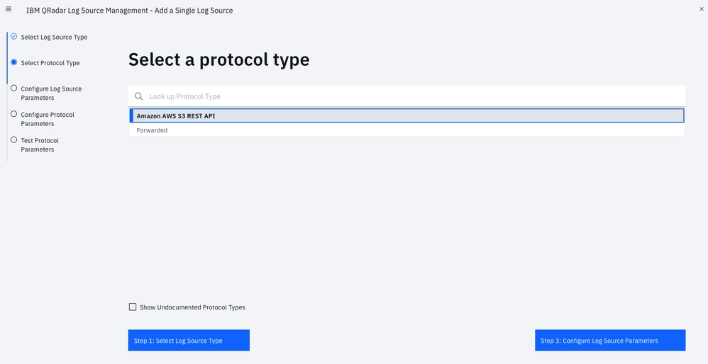 Configure the Cloud Security App for IBM QRadar - select a protocol type
