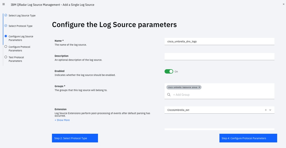 Configure the Cloud Security App for IBM QRadar - configure the log source parameters