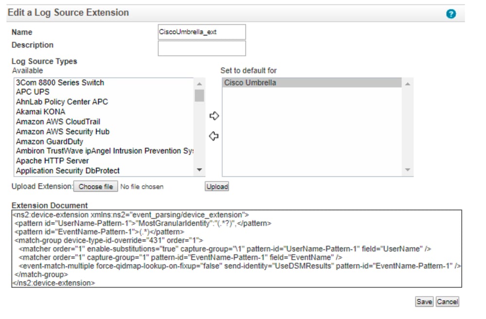 Configure the Cloud Security App for IBM QRadar - edit a log source extension