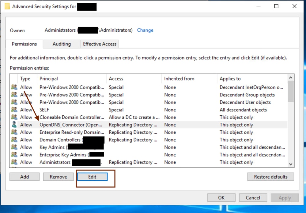 Select Open DNS Connector and Edit in Permissions