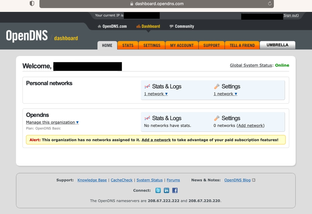 OpenDNS Page after Umbrella Log In
