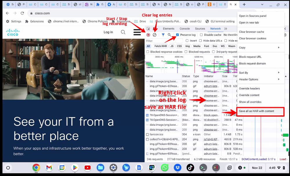 Capture and Export Troubleshooting Logs for Secure Client for Chromebook - Save all as HAR with content