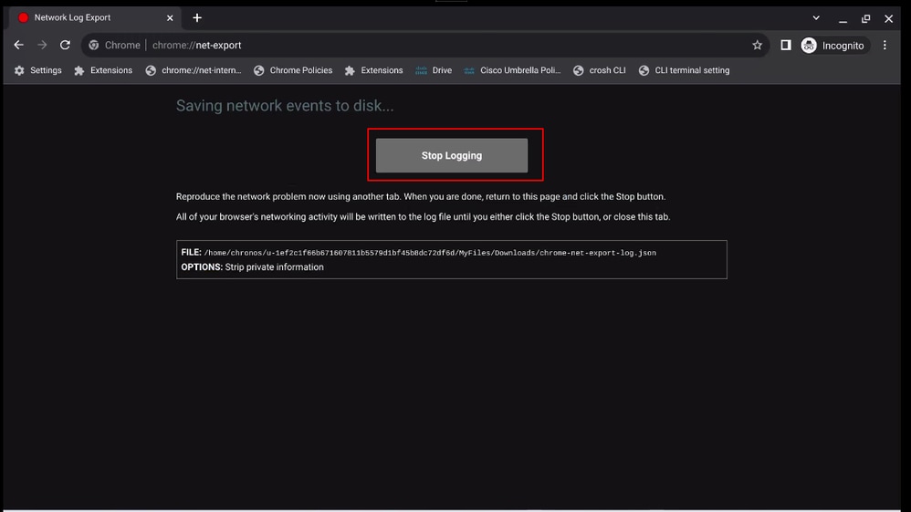Capture and Export Troubleshooting Logs for Secure Client for Chromebook - Stop Logging