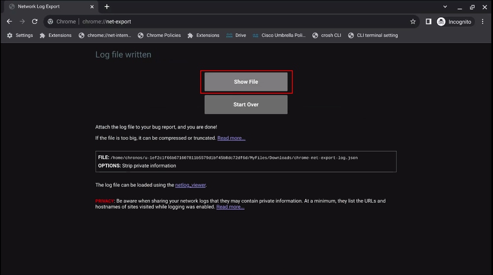 Capture and Export Troubleshooting Logs for Secure Client for Chromebook - Show File