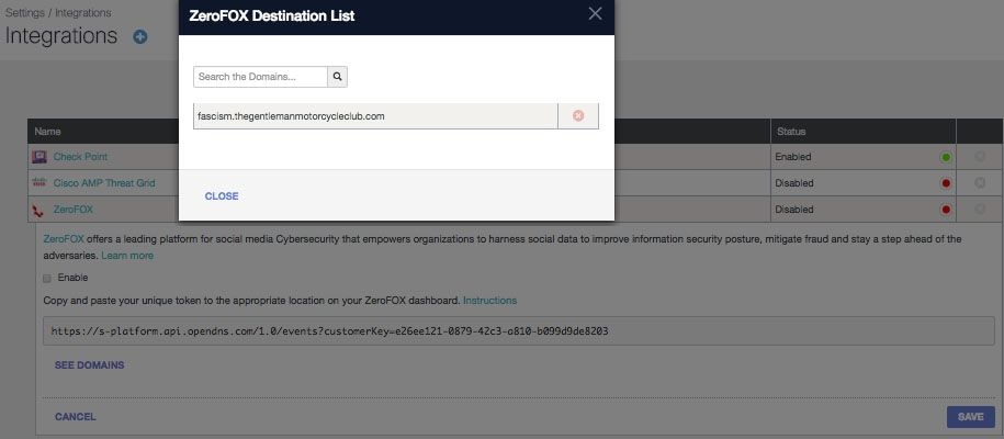 Integrate ZeroFOX with Umbrella - zerofox destination list