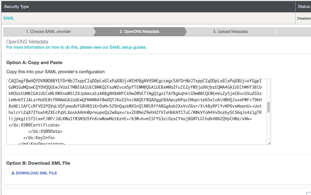 Integrate Umbrella with NetIQ for SSO with SAML - step 2 OpenDNS Metadata