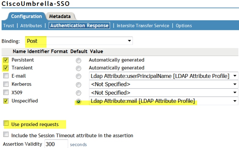 Integrate Umbrella with NetIQ for SSO with SAML - Configuration for authentication response