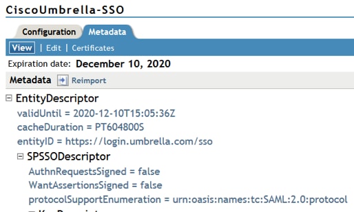 Integrate Umbrella with NetIQ for SSO with SAML - Metadata view