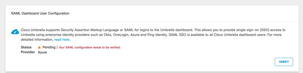 SAML Dashboard User Configuration with error 'Your SAML configuration needs to be verified'