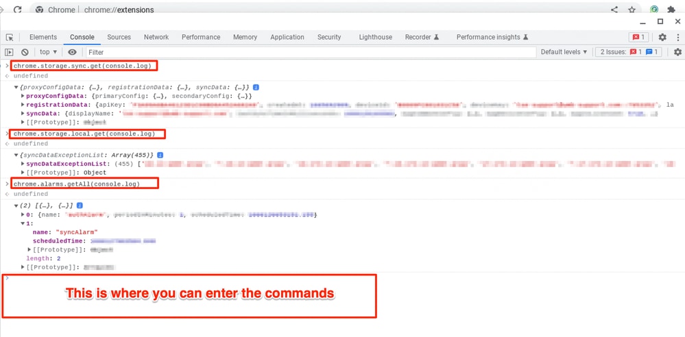 Screenshot showing sample extension console output.