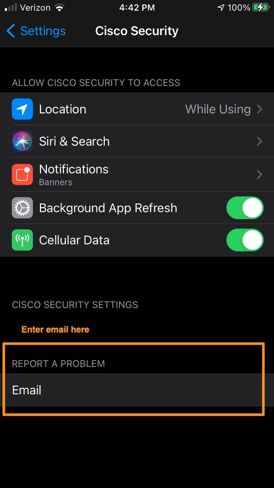Settings for Cisco Security Report A Problem Enter Email