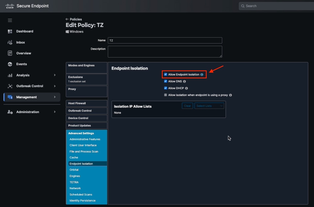 Allow Endpoint Isolation from Secure Endpoint Policy