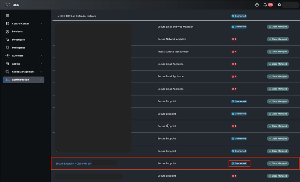 Secure Endpoint Integration Status from Cisco XDR