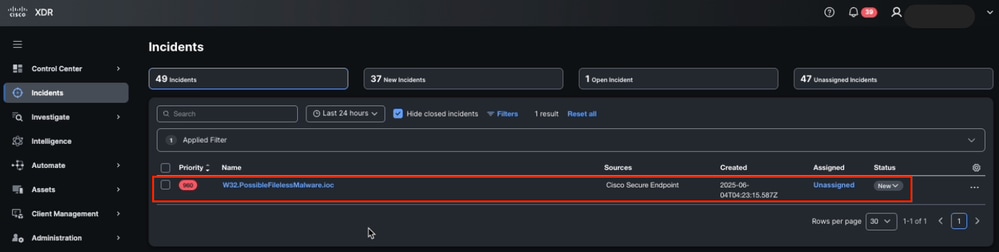 New Incident in Cisco XDR Detected