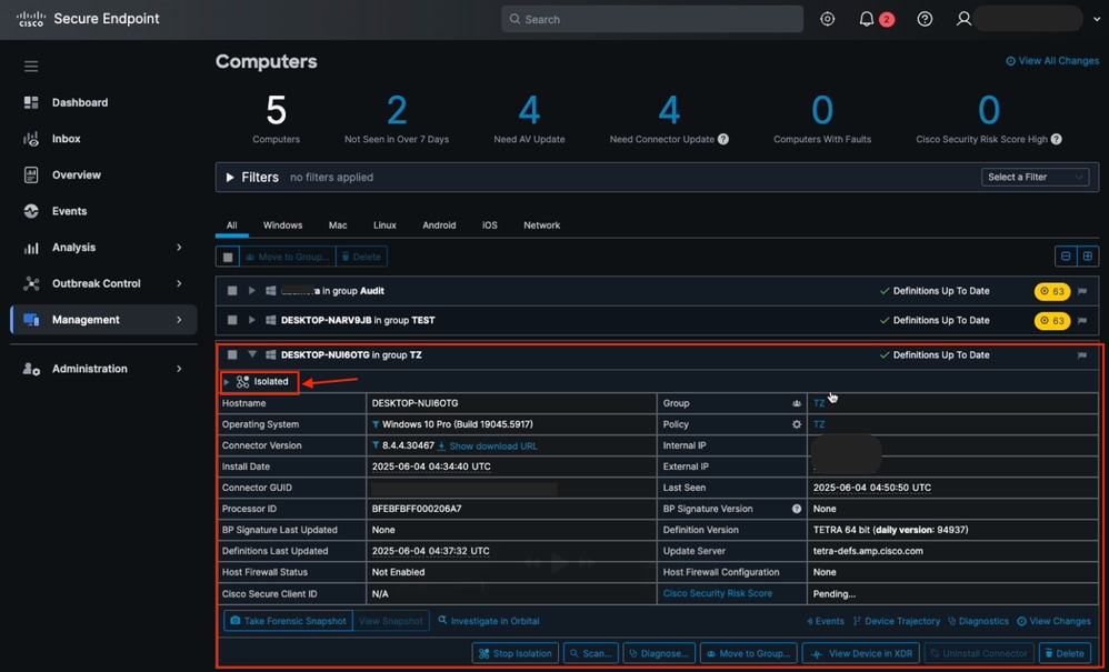 Isolation Status from Secure Endpoint Computers