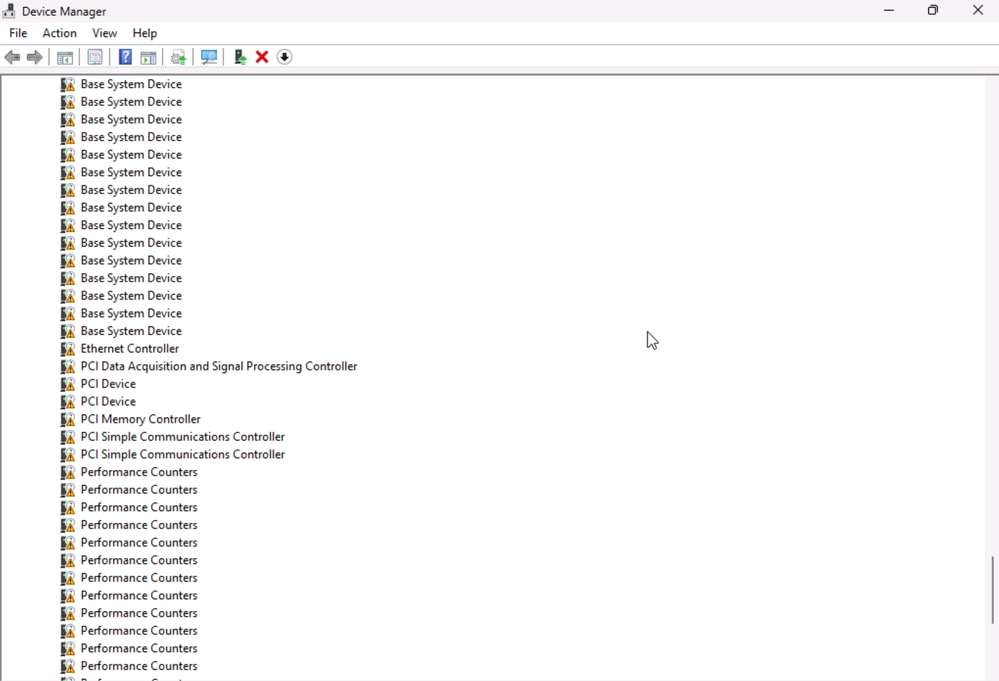 Device Manager. Warning flags