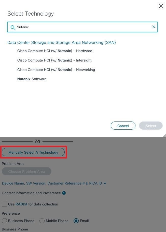 Manually Select a Technology and Filter for Nutanix
