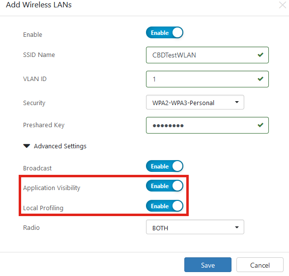 Configure the fields in the window. Under Advanced Settings, you can specify Application Visibility and Local Profiling settings for this SSID. Once you have configured the settings, click Save.