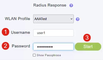 Under the Radius Response section, enter the Username and Password and click Start to see if it authenticates against the Radius server. 