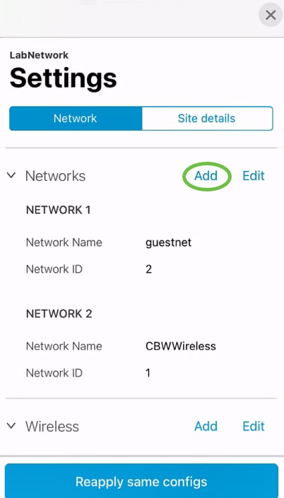 In the Networks tab, click Add. 