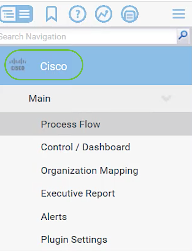 Upon clicking on the Cisco tile, the tree view appears that leads to the configuration pages of the plugin.