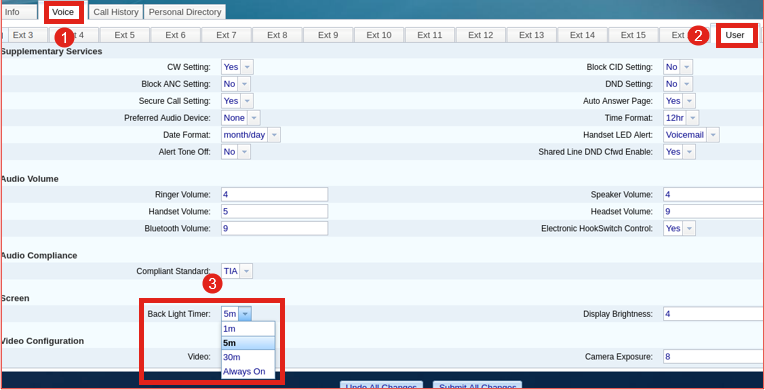 Navigate to Admin login. Select Voice > User menu. Scroll down to the Screen section to configure the Back Light Timer. 