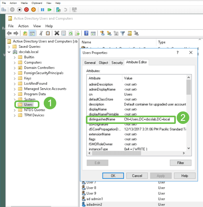 Access the Active Directory Users and Computers management interface on the Windows 2016 server. Select the Users container folder, right-click the mouse and open Properties. Take note of the DistinguishedName value that will be used later in RV34x router User Container Path field.