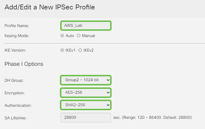 Screen shot of the Add/Edit a New IPSec Profile page, with the profile name and options highlighted in green boxes. 