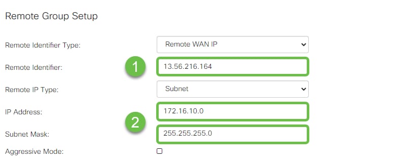 Screen Shot of Remote Group Setup section. Remote Identifier is marked as step one and highlighted in a green box. IP address and Subnet mask are marked as step two and are both highlighted in a green box.