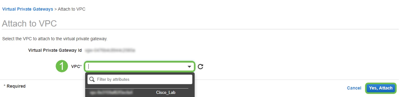 Screen shot of attach to VPC page. VPC field is in a green box and is marked as step 1. 