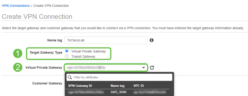 Create VPN connection page, Target Gateway Type, which is step one, is highlighted in a green box with Virtual Private Gateway selected. Virtual Private Gateway is step 2 and shows the VPC that had been created in prior steps. 