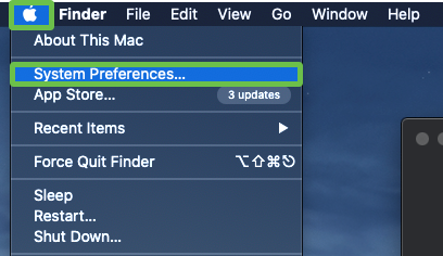 Screenshot of he MAC apple icon, both the icon and "System Preferences" is highlighted in green, to e