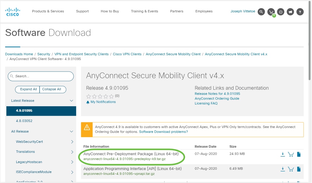 Cisco 소프트웨어 다운로드에서 Linux용 AnyConnect 사전 구축 패키지를 다운로드합니다.