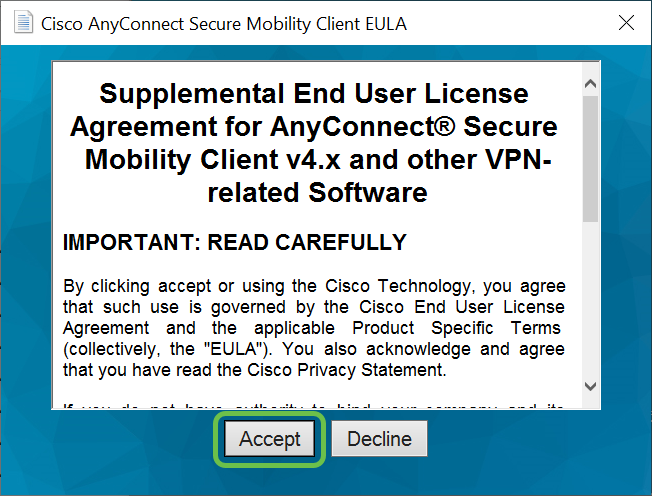 Riesaminare il supplemento al contratto di licenza con l'utente finale, quindi fare clic su Accept (Accetta).