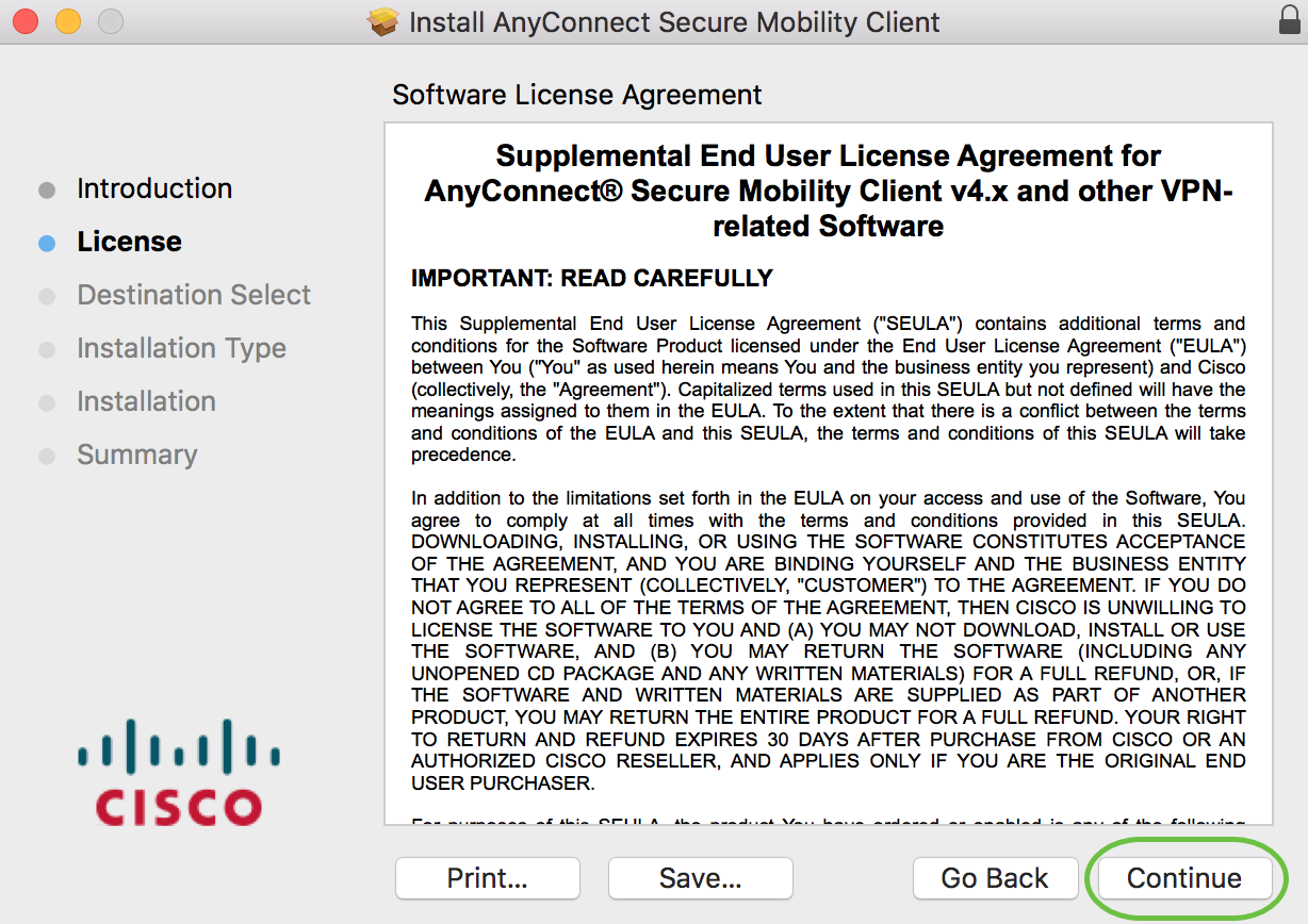 Go over the Supplemental End User License Agreement and then click Continue.