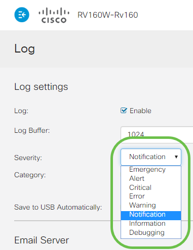 The log page, a highlight encircles the Severity drop-down box. Notification is the active selection but user input is required.