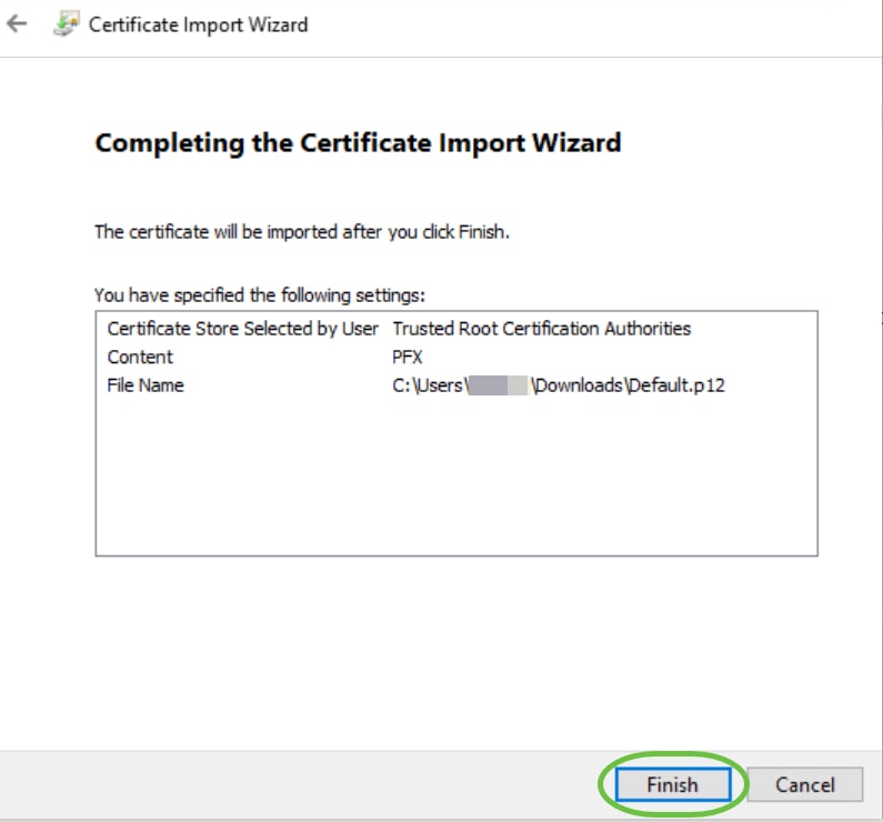 A summary of the settings will be displayed. Click Finish to import the Certificate. 