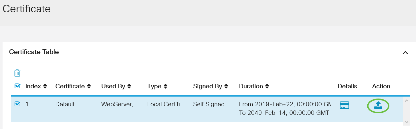 Select the default self-signed Certificate and click on the Export button to download your Certificate. 