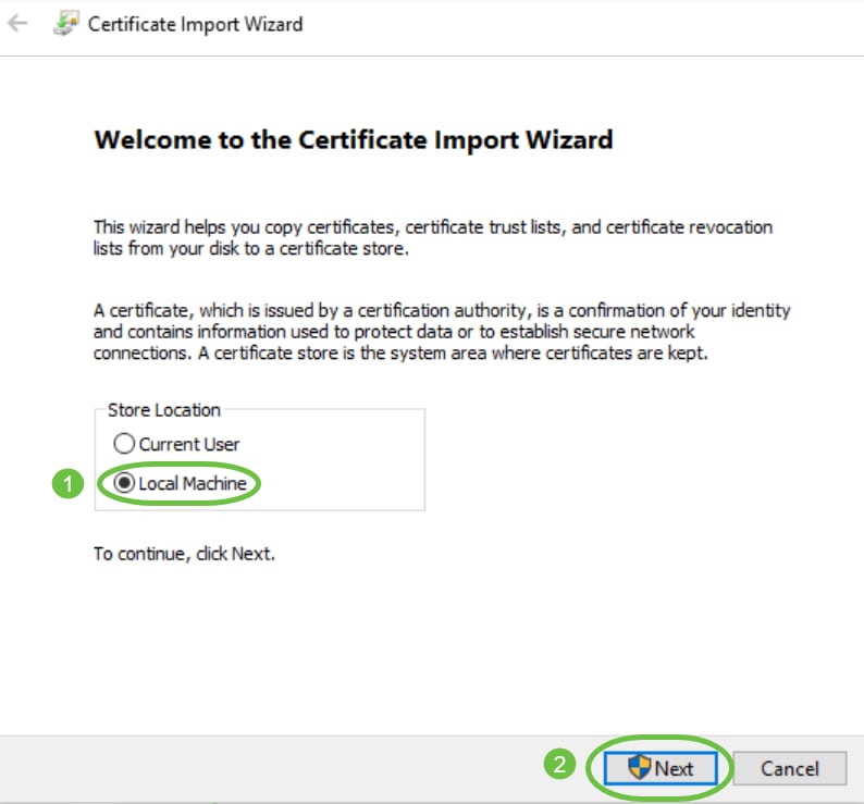 The Certificate Import Wizard window will appear. For the Store Location, select Local Machine. Click Next. 