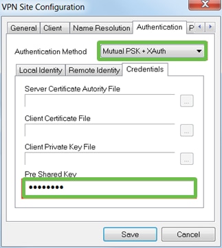 Authentication Method and Preshared Key are highlighted for user input.