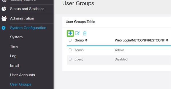 User Groups section, the Plus icon is highlighted for user click.