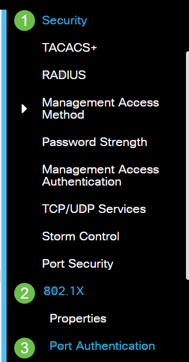 Log in to the switch Web User Interface (UI) and choose Security > 802.1x > Port Authentication.