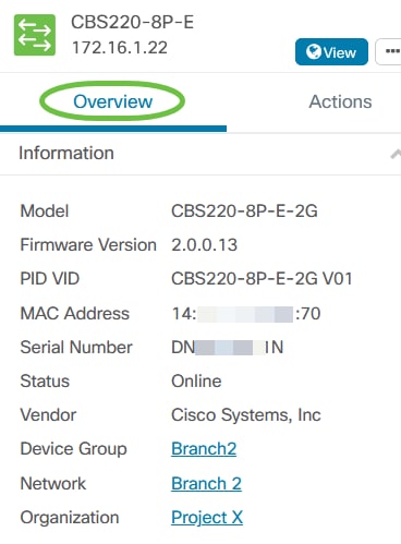 The switch Overview tab will display details like the model, firmware version, MAC address, and serial number.