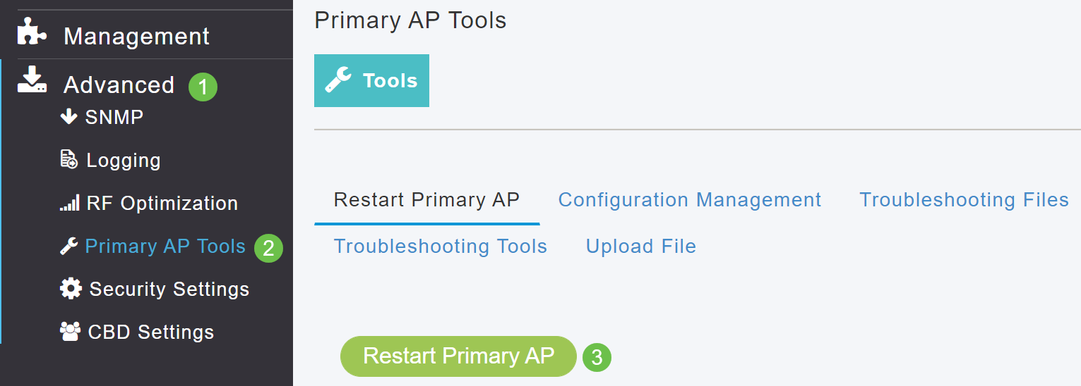 You can manually reboot the Primary AP after an upgrade. From the web user interface menu, choose Advanced > Primary AP Tools and click Restart Primary AP.