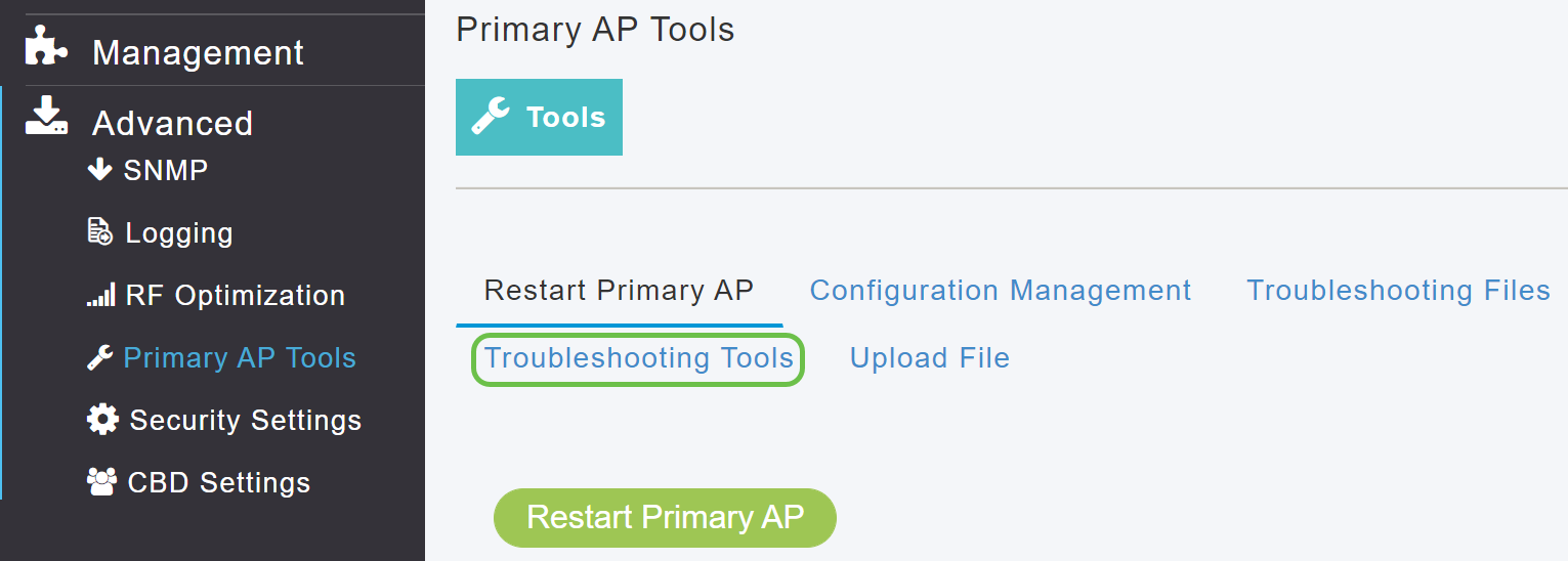Image depicts the Primary AP tools page with Troubleshooting tools highlighted.