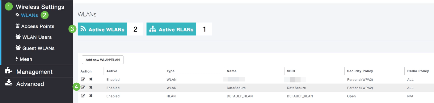 To view the WLAN you created, select Wireless Settings > WLANs. You will see the number of Active WLANs raised to 2, and the new WLAN is displayed. 
