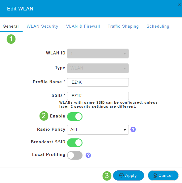 In the Edit WLAN/RLAN window, under General, select Enabled or Disabled to enable/disable WLAN/RLAN. Click Apply. 
